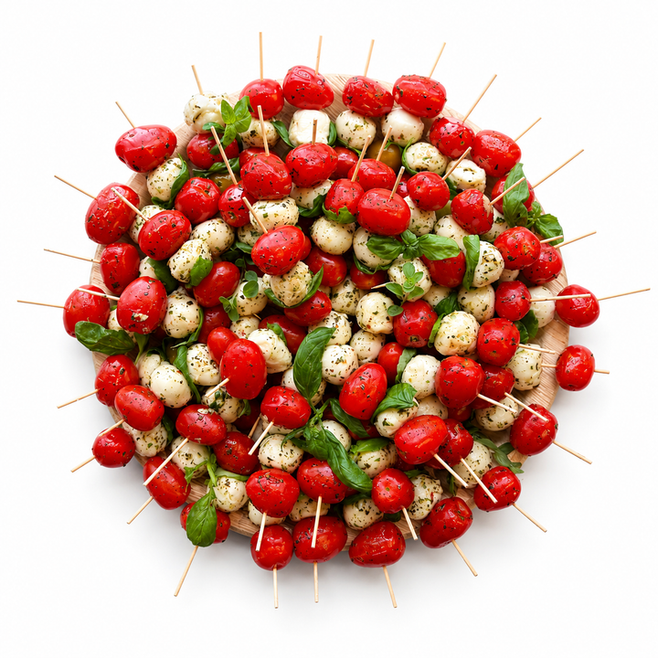 Circular arrangement of skewered tomatoes, mozzarella balls, and basil leaves on a white background