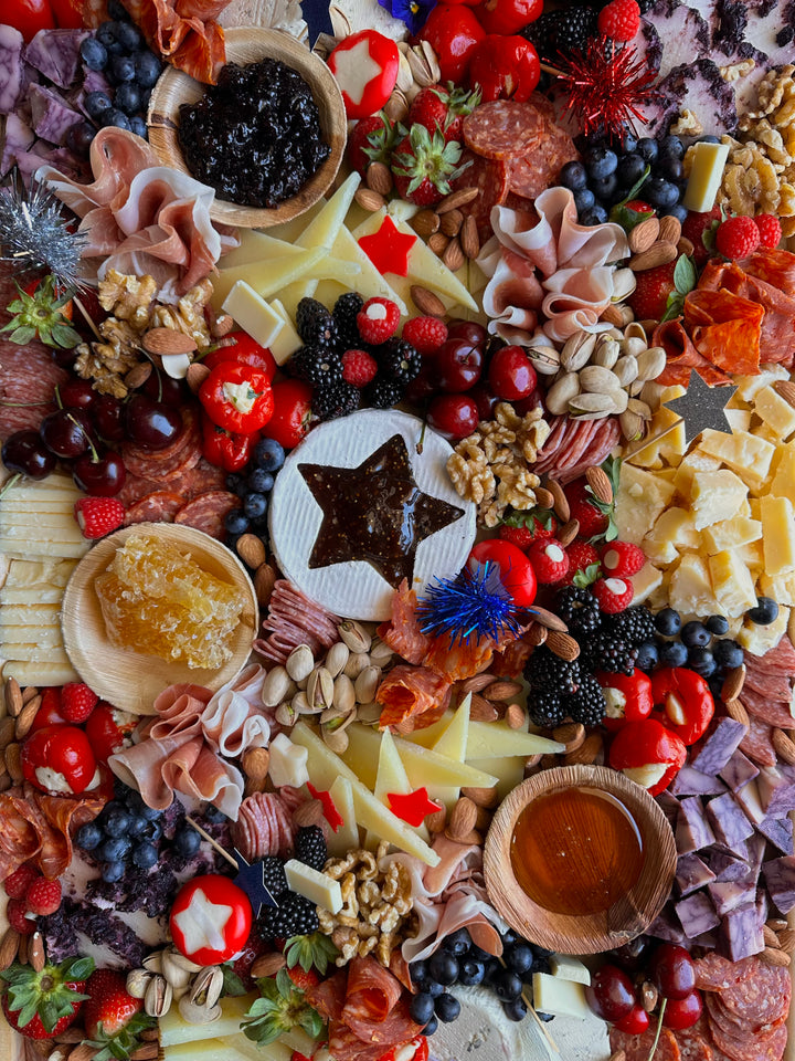 Red, white, and blue USA charcuterie board for July 4th