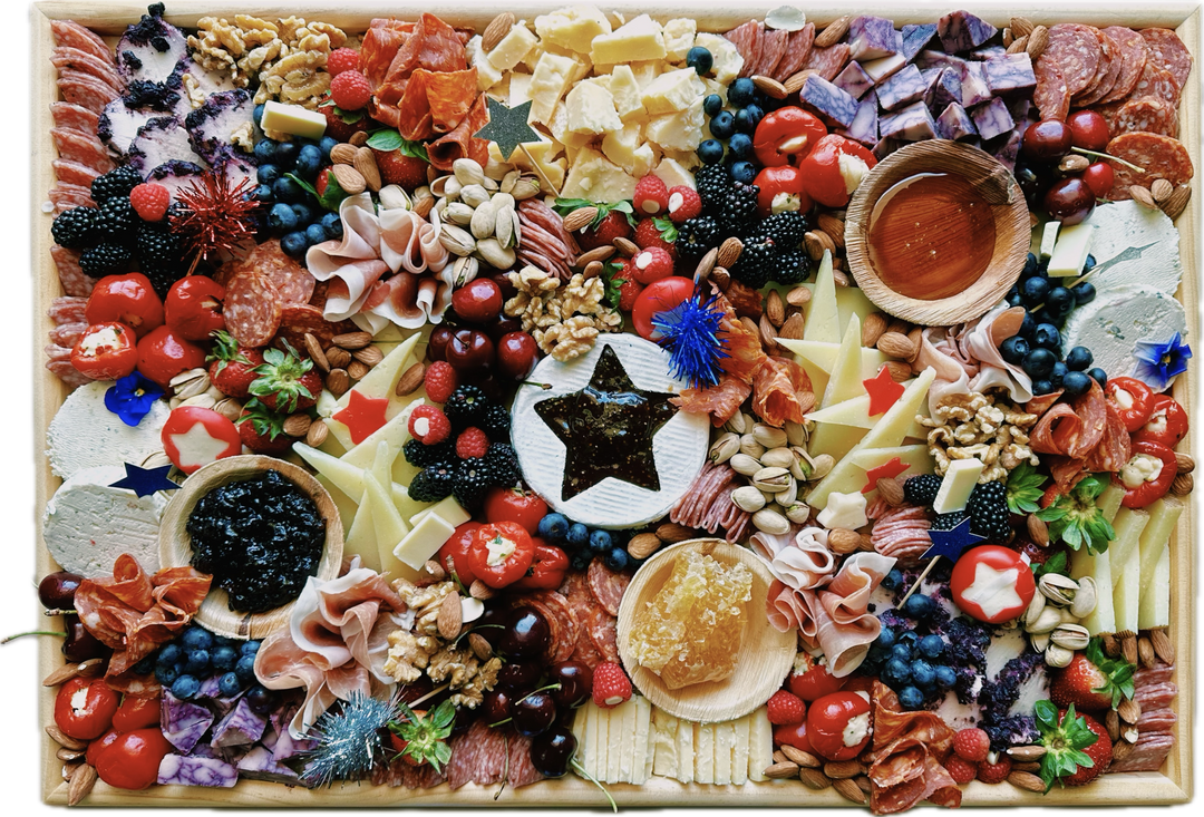 Red, white, and blue USA charcuterie board for July 4th