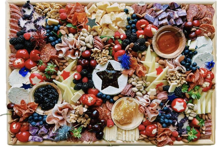Red, white, and blue USA charcuterie board for July 4th