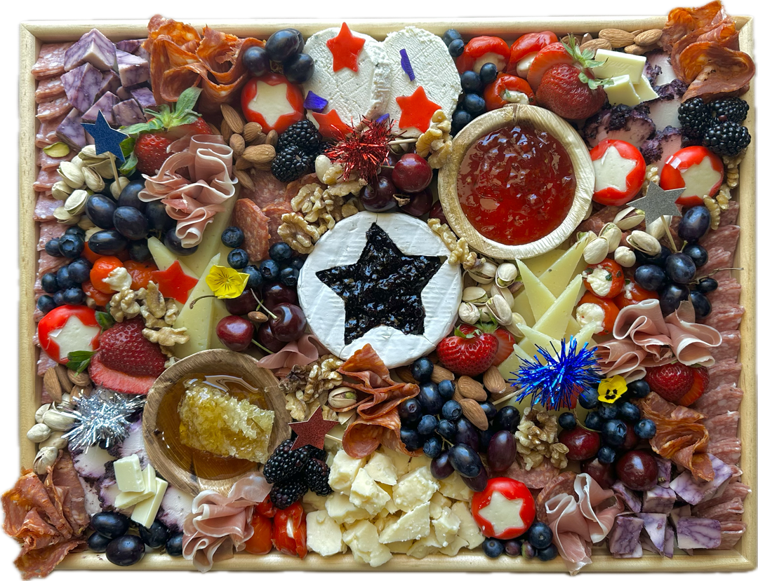 Red, white, and blue USA charcuterie board for July 4th